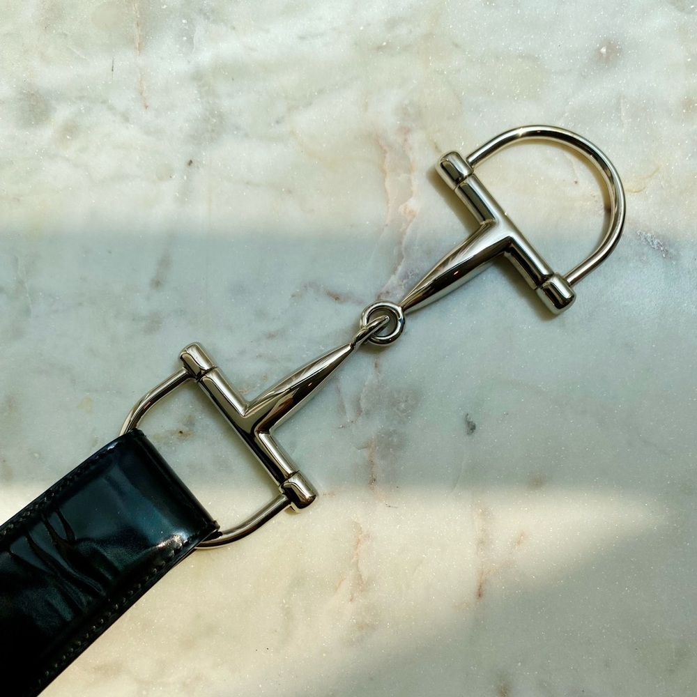 Vintage Gucci Tom Ford Era Black Patent Leather Silver Horse-bit Belt